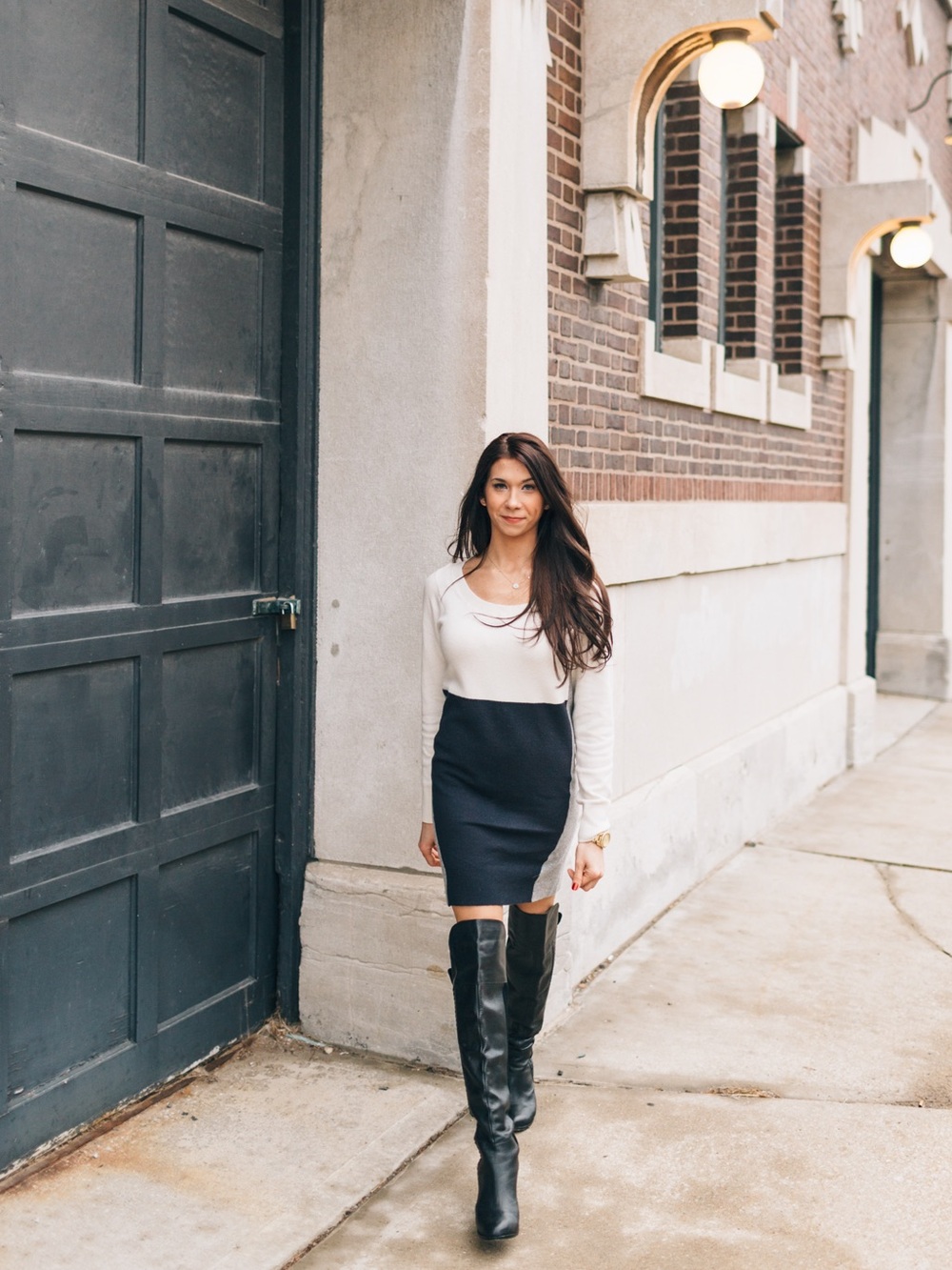French Connection White and Black and Grey Colorblock Sweater Dress